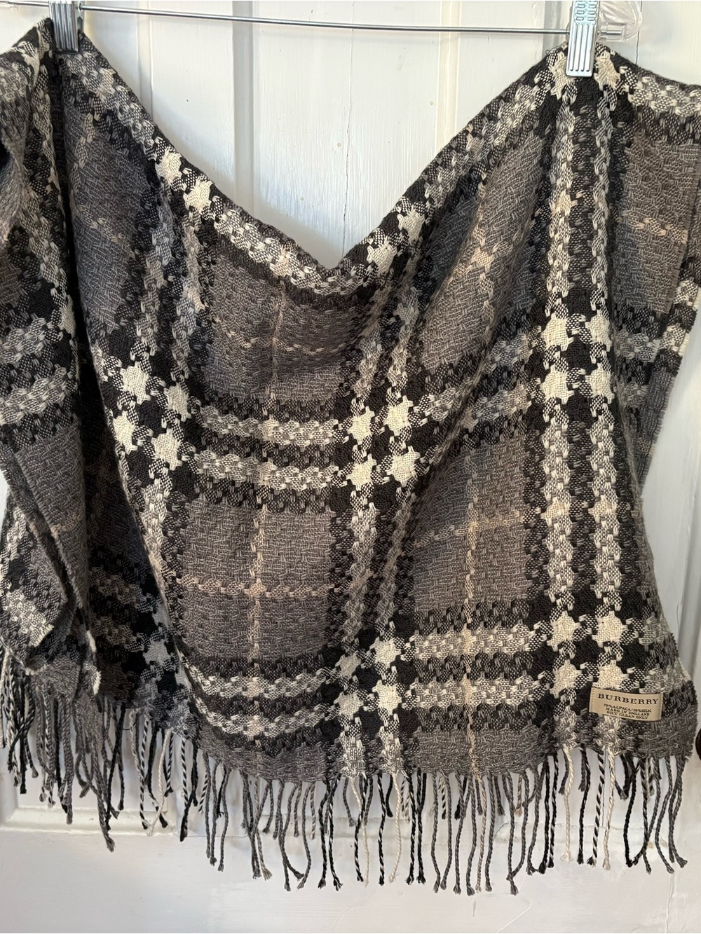 Burberry Neutral Tone Woven Plaid Scarf with Fringe